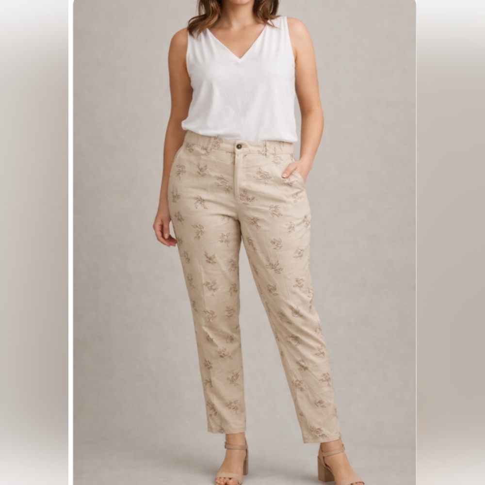 Talbots Linen Blend Floral Pants Size 16 Tan Brown Straight Leg